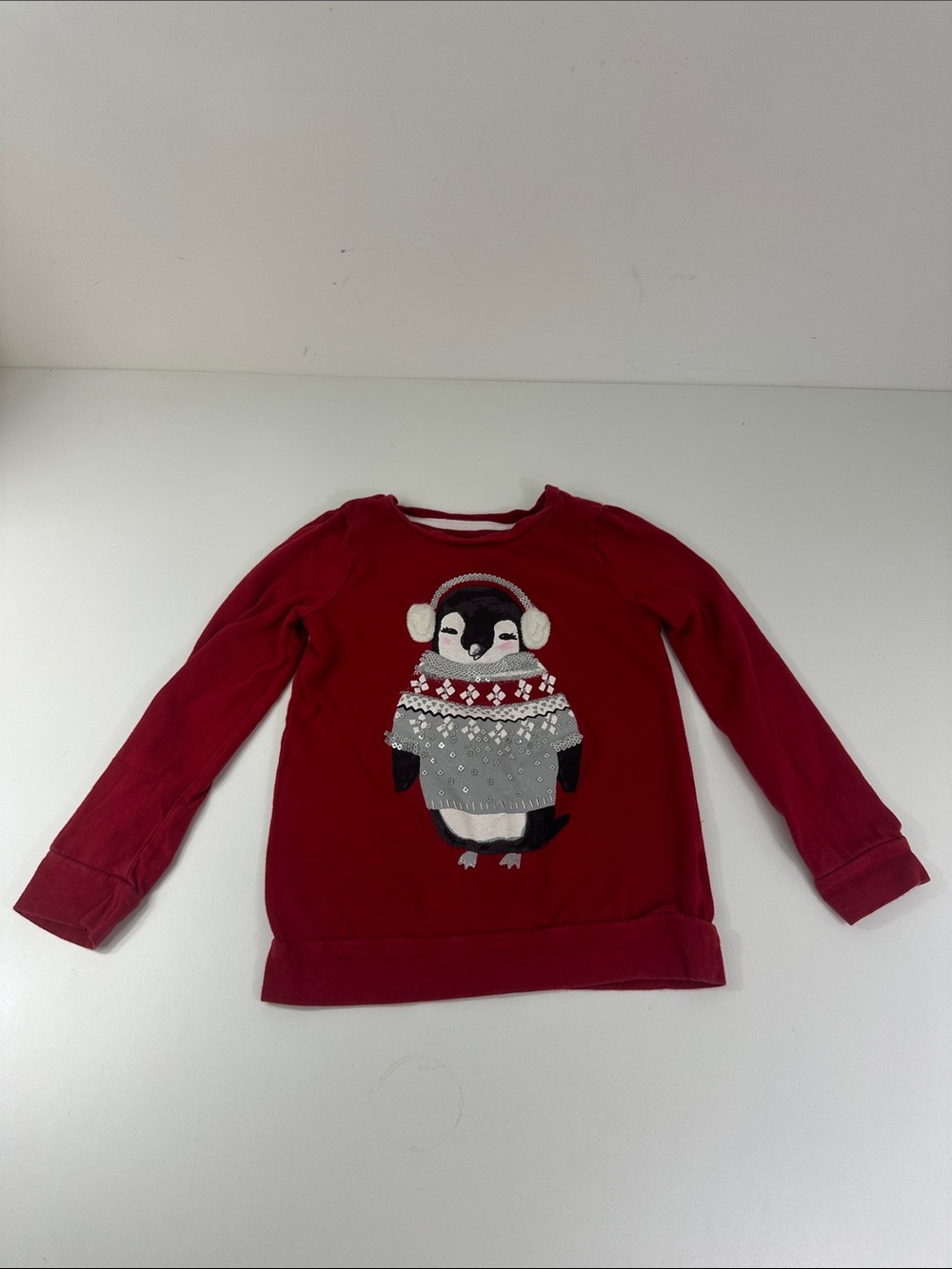 Gymboree Red Crewneck Long Tee Shirt with Penguin Appliqué Girls Size 5 Holiday